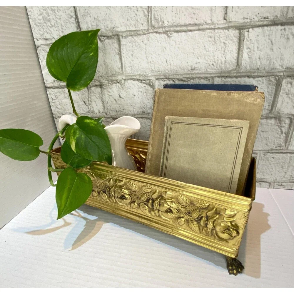 Vintage English Brass Footed Planter/Container with Embossed Rose Pattern